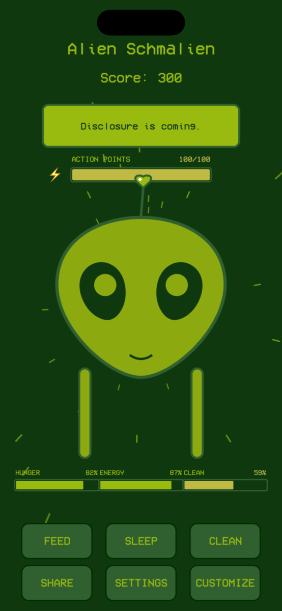 Alien Schmalien app screenshot showing the virtual pet interface